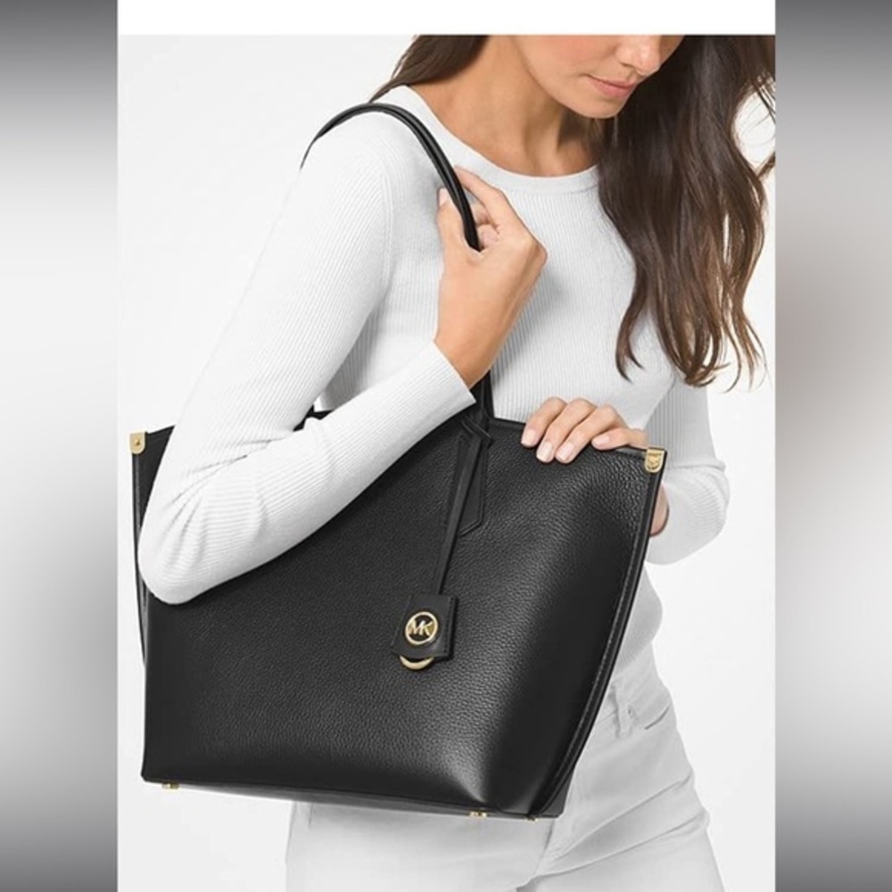 Michael Kors Jane Large Pebbled Leather Black Tote Bag Charm Logo AUTHENTIC NEW - Picture 7 of 10